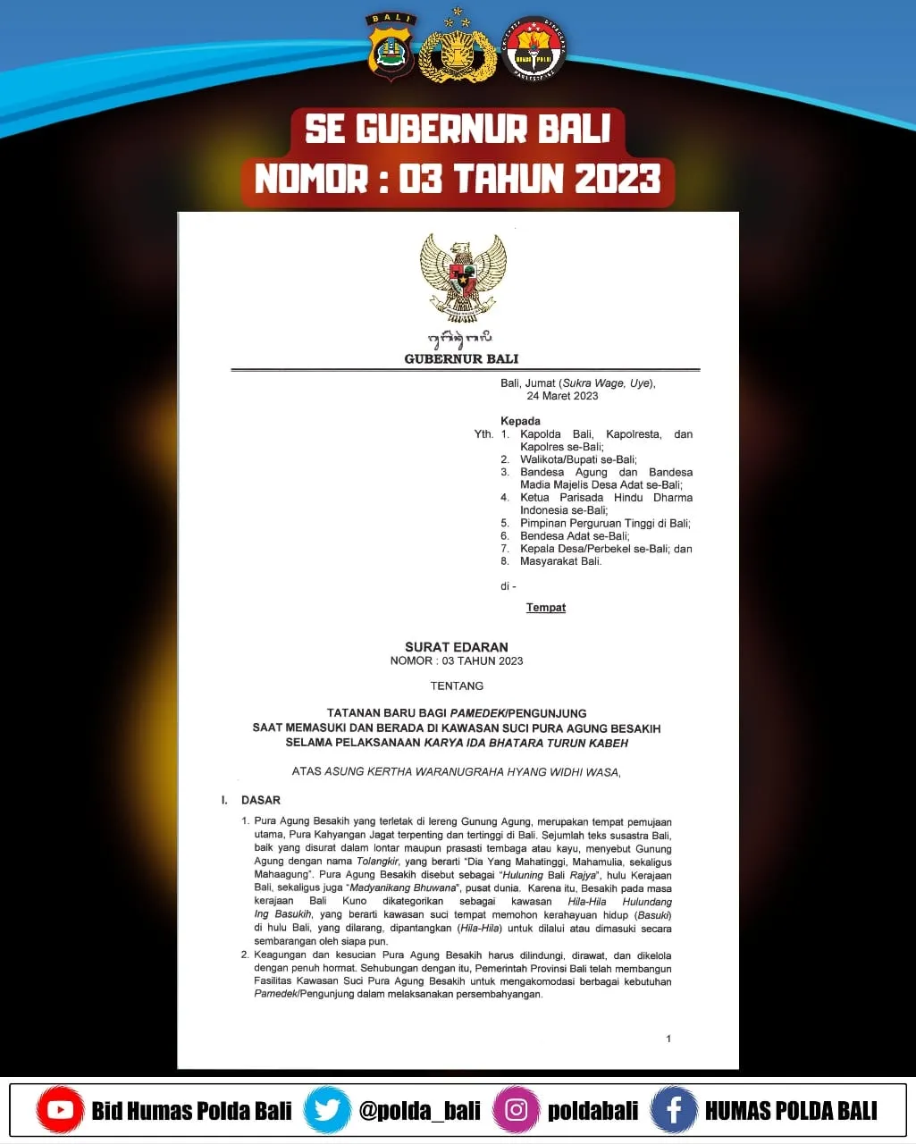 Antisipasi Keamanan & Ketertiban Pemedek Kawasan Suci Pura Agung Besakih, Polda Bali Sosialisasikan SuratEdaran Gubernur Bali