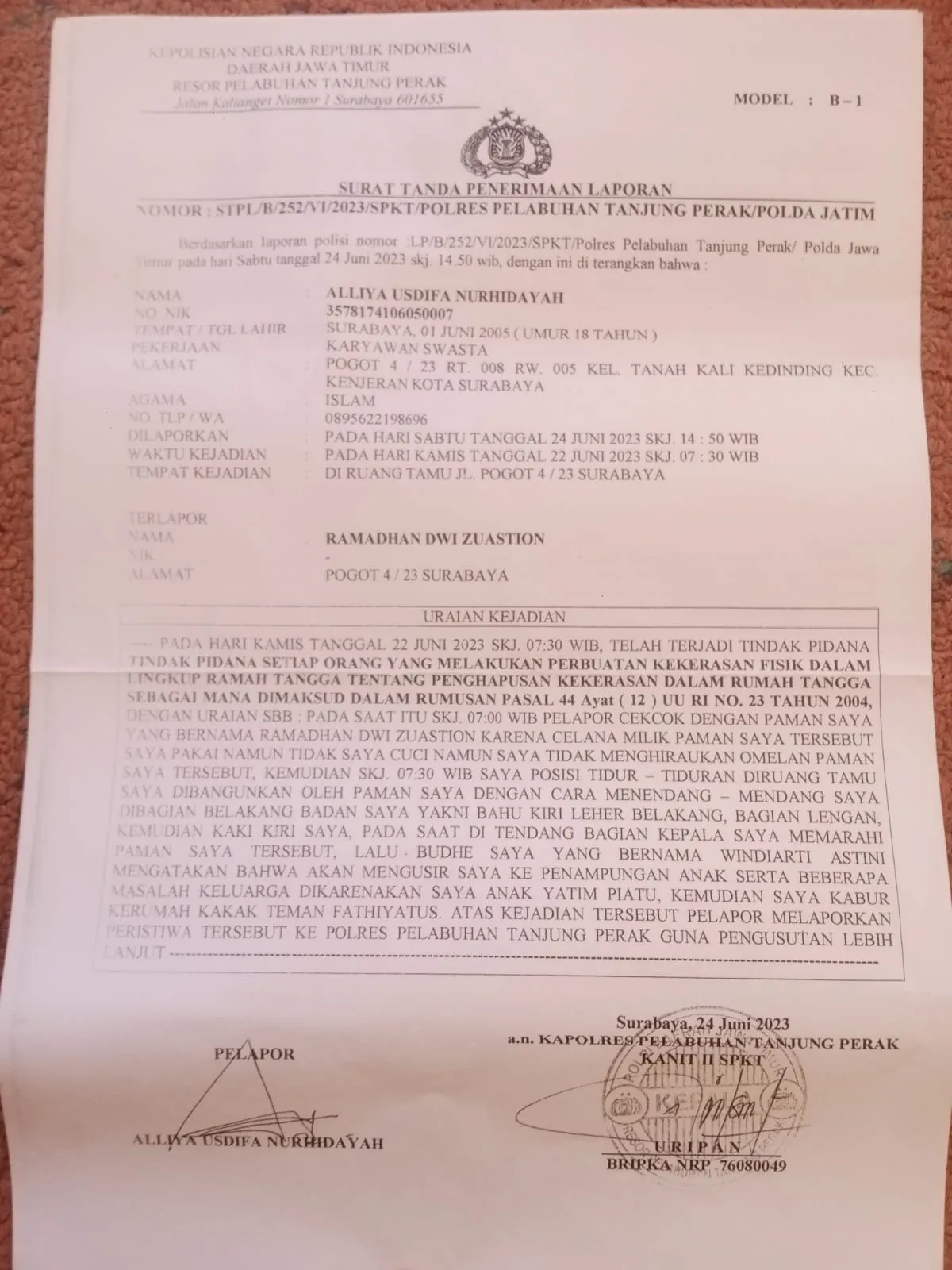 Tak Unjung Selesai Kasus KDRT Polres Tanjung Perak Kanit PPA Bungkam