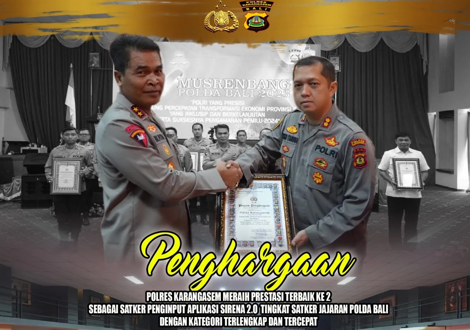 Kapolres Karangasem Terima Penghargaan Sebagi Satker Penginput Aplikasi SIRENA Saat Musrenbang Polda Bali