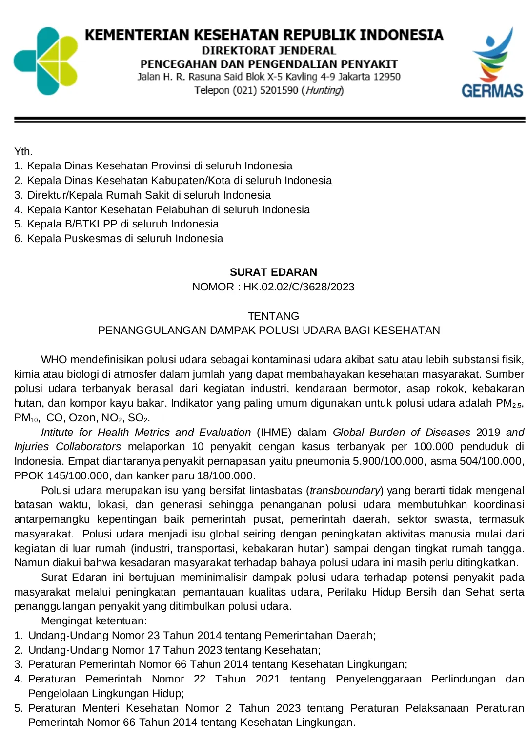 Kemenkes Terbitkan Surat Edaran Penanggulangan Dampak Polusi Bagi Kesehatan