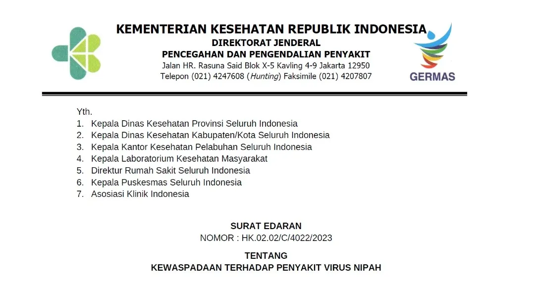 Kemenkes Terbitkan Edaran Kewaspadaan Terhadap Virus Nipah
