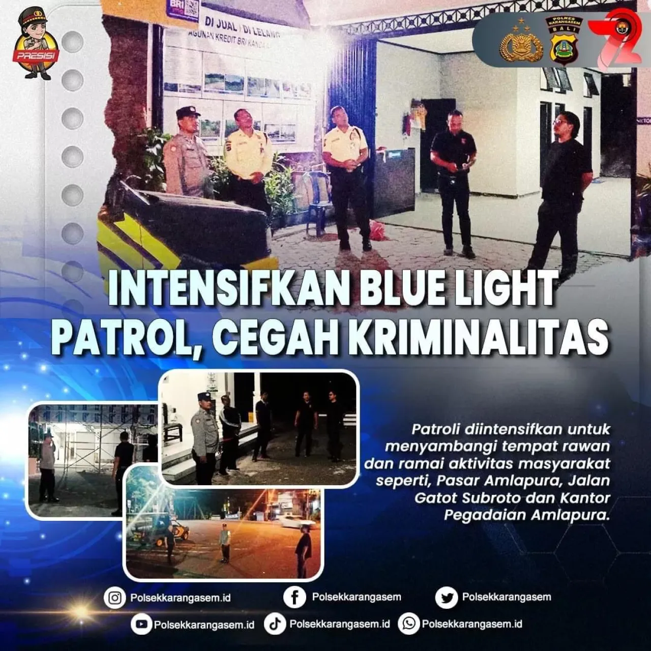 Cegah Gangguan Kamtibmas, Polsek Karangasem Intensifkan Patroli Dialogis Blue Light Patrol