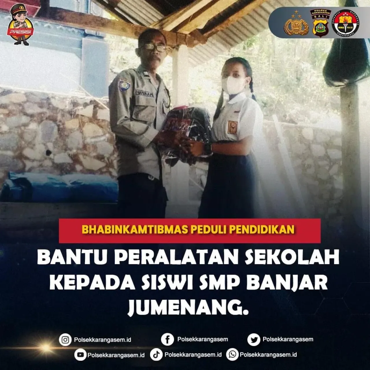 Peduli Pendidikan, Bhabinkamtibmas Bukit Bantu Peralatan Sekolah Siswi SMP Banjar Jumenang