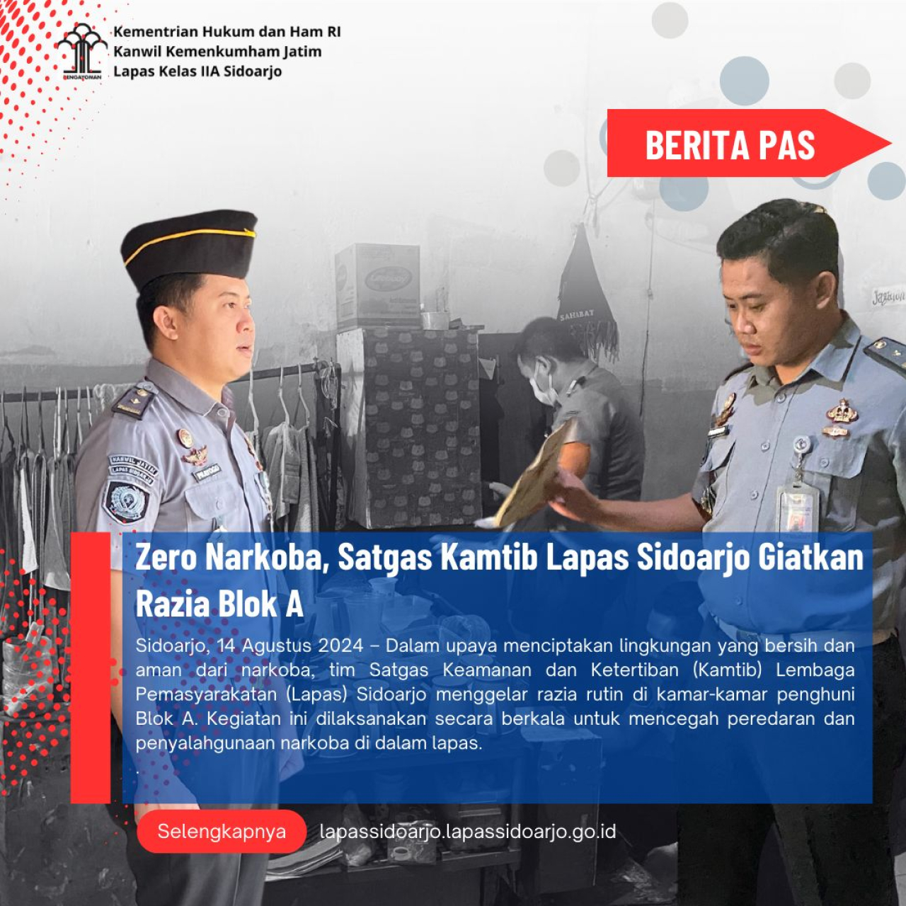 Satgas Kamtib Lapas Sidoarjo Giatkan Razia Blok A