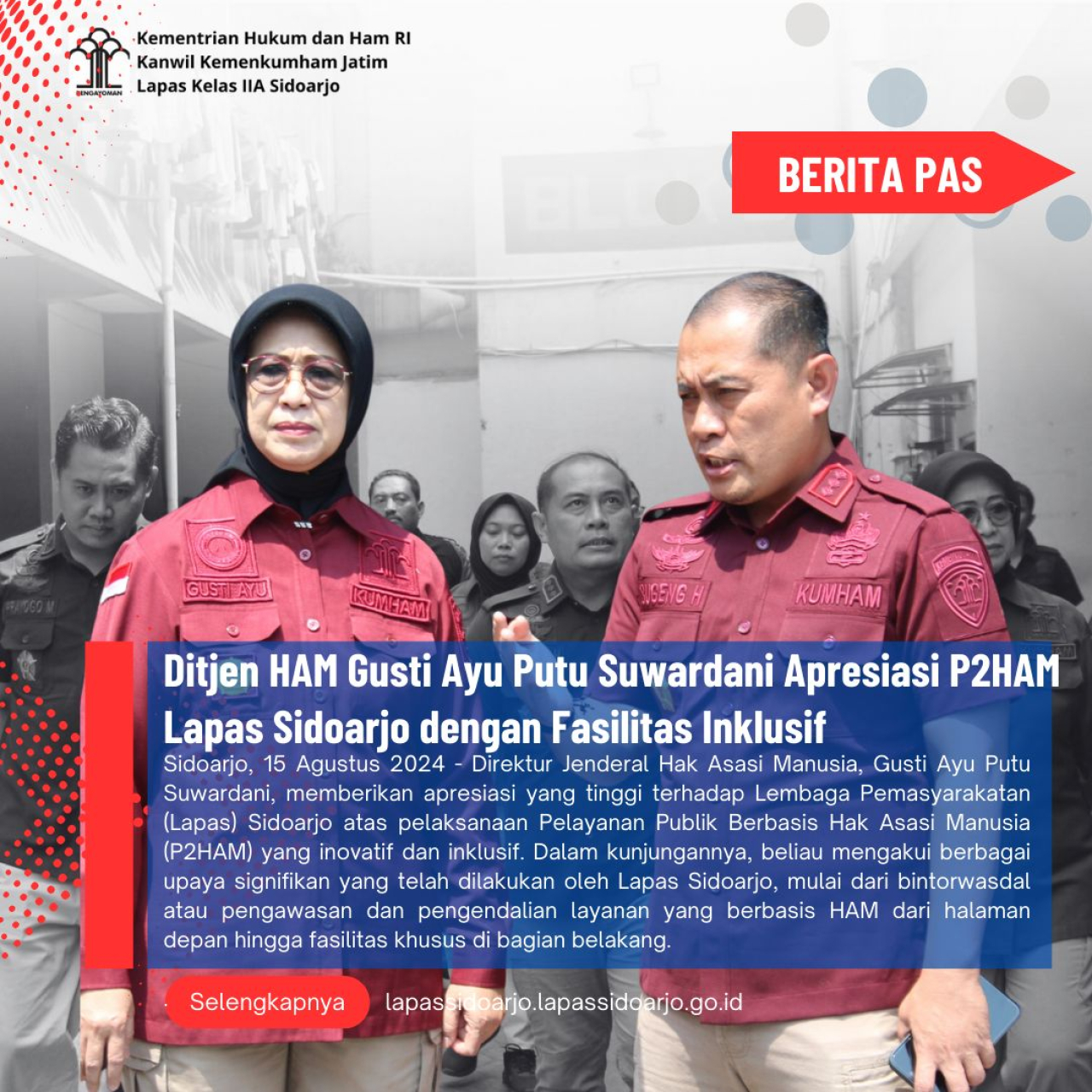 Ditjen HAM Gusti Ayu Putu Suwardani Apresiasi P2HAM Lapas Sidoarjo dengan Fasilitas Inklusif