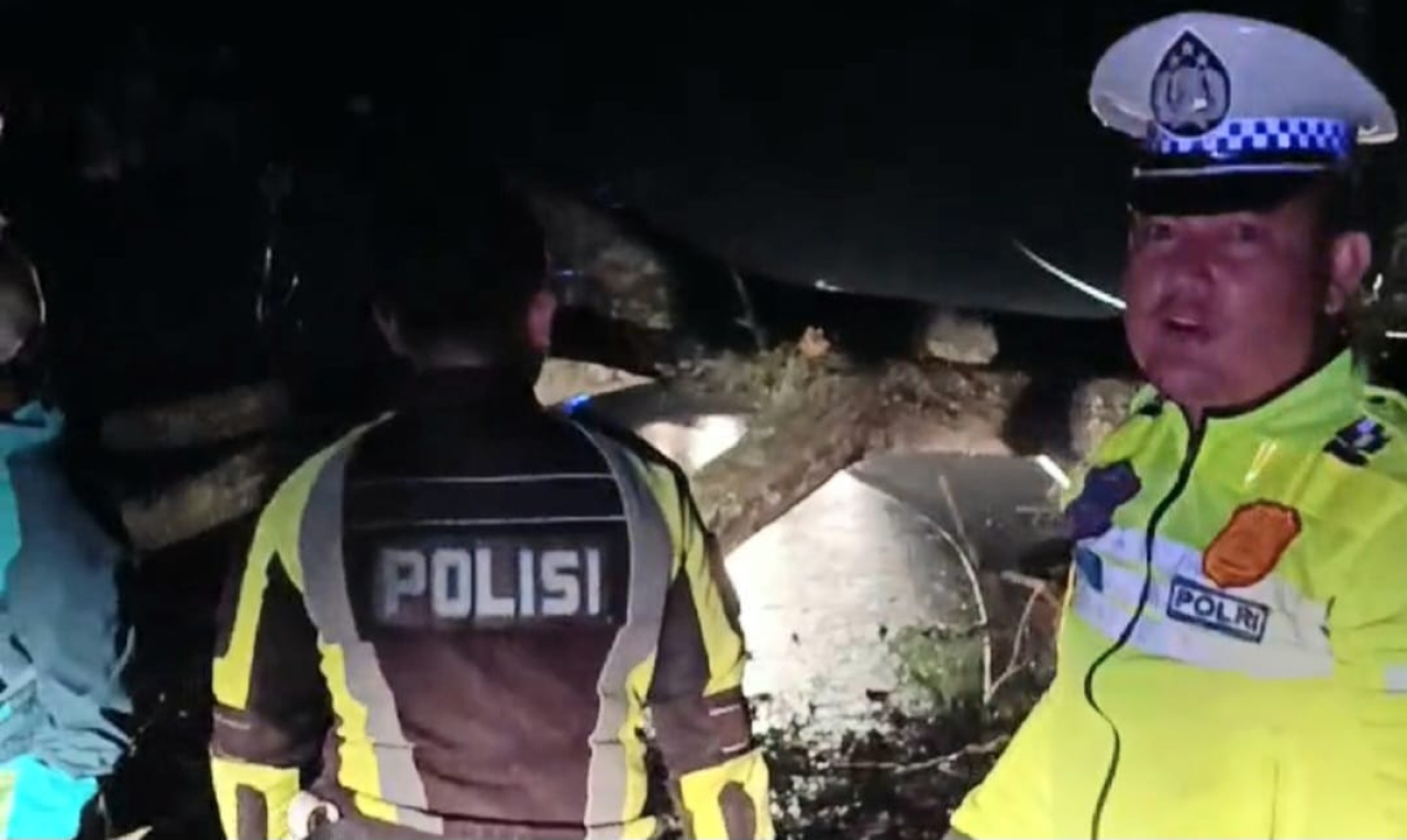 Sat Lantas Polres Tanggamus Bersama Damkar Warga Evakuasi Pohon Tumbang