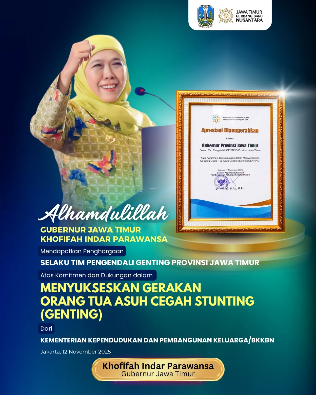 Gubernur Jawa Timur Raih Penghargaan BKKBN, Khofifah Tegaskan Komitmen dan Konsistensi Turunkan Stunting di Jawa Timur