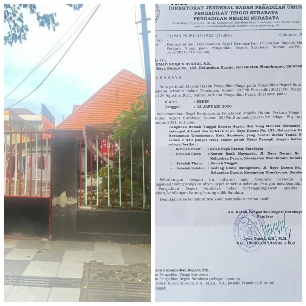 Pengadilan Negeri Surabaya Laksanakan Penyegelan Aset di Jalan Raya Darmo 153 pada 12 Januari 2026