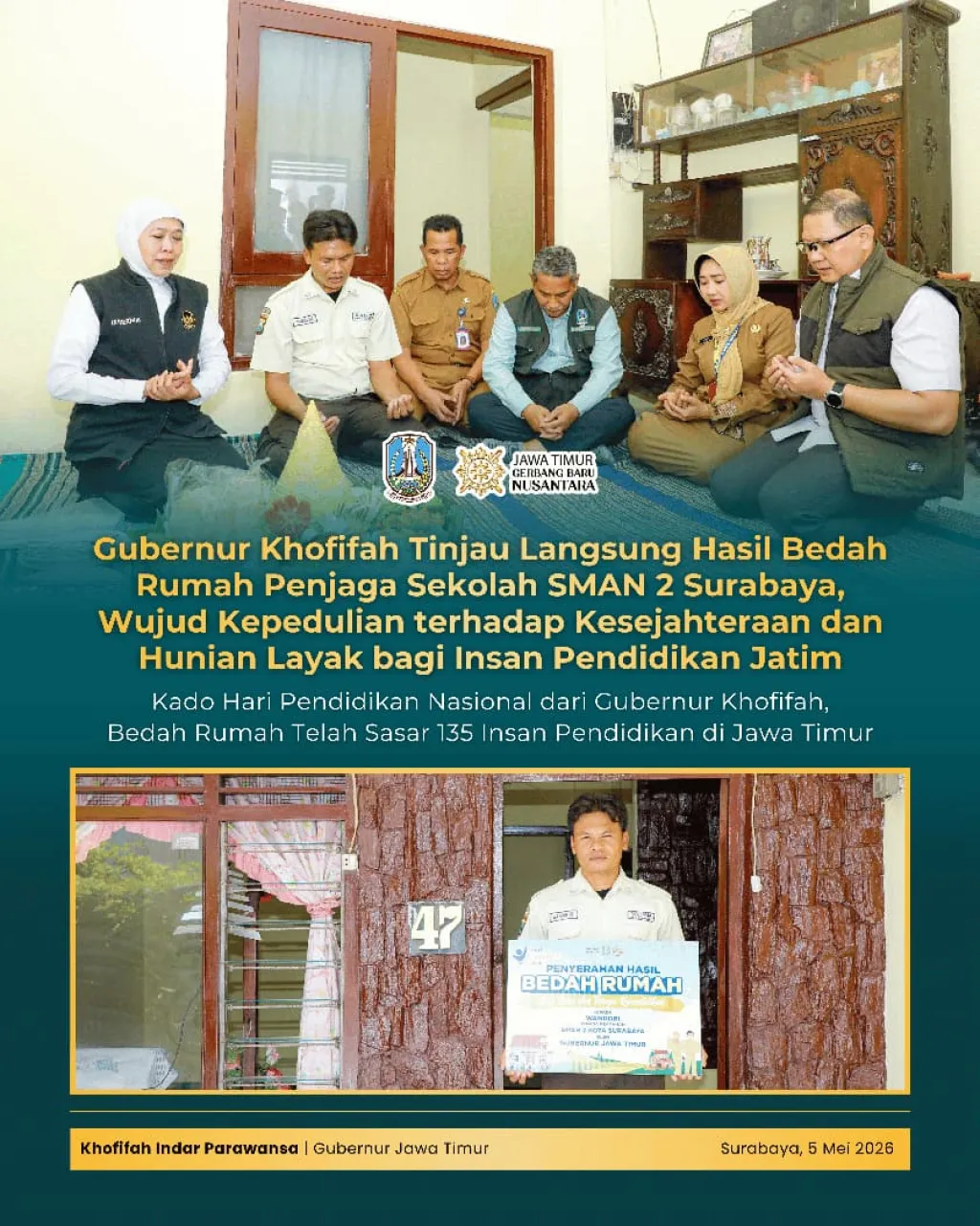 Kado Hari Pendidikan Nasional dari Gubernur Khofifah, Bedah Rumah Telah Sasar 135 Insan Pendidikan di Jawa Timur