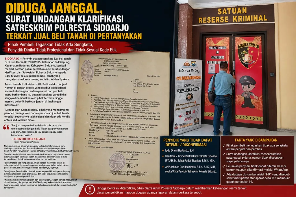 DIDUGA JANGGAL, SURAT Undangan KLARIFIKASI SATRESKRIM POLRESTA SIDOARJO TERKAIT JUAL BELI TANAH DIPERTANYAKAN