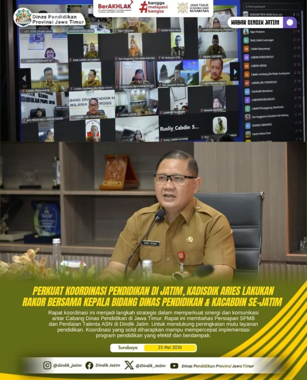 Kadindik Jatim Perkuat Sinergi Pendidikan, Aries Agung Paewai Gelar Rakor Bersama Kacabdin se-Jatim
