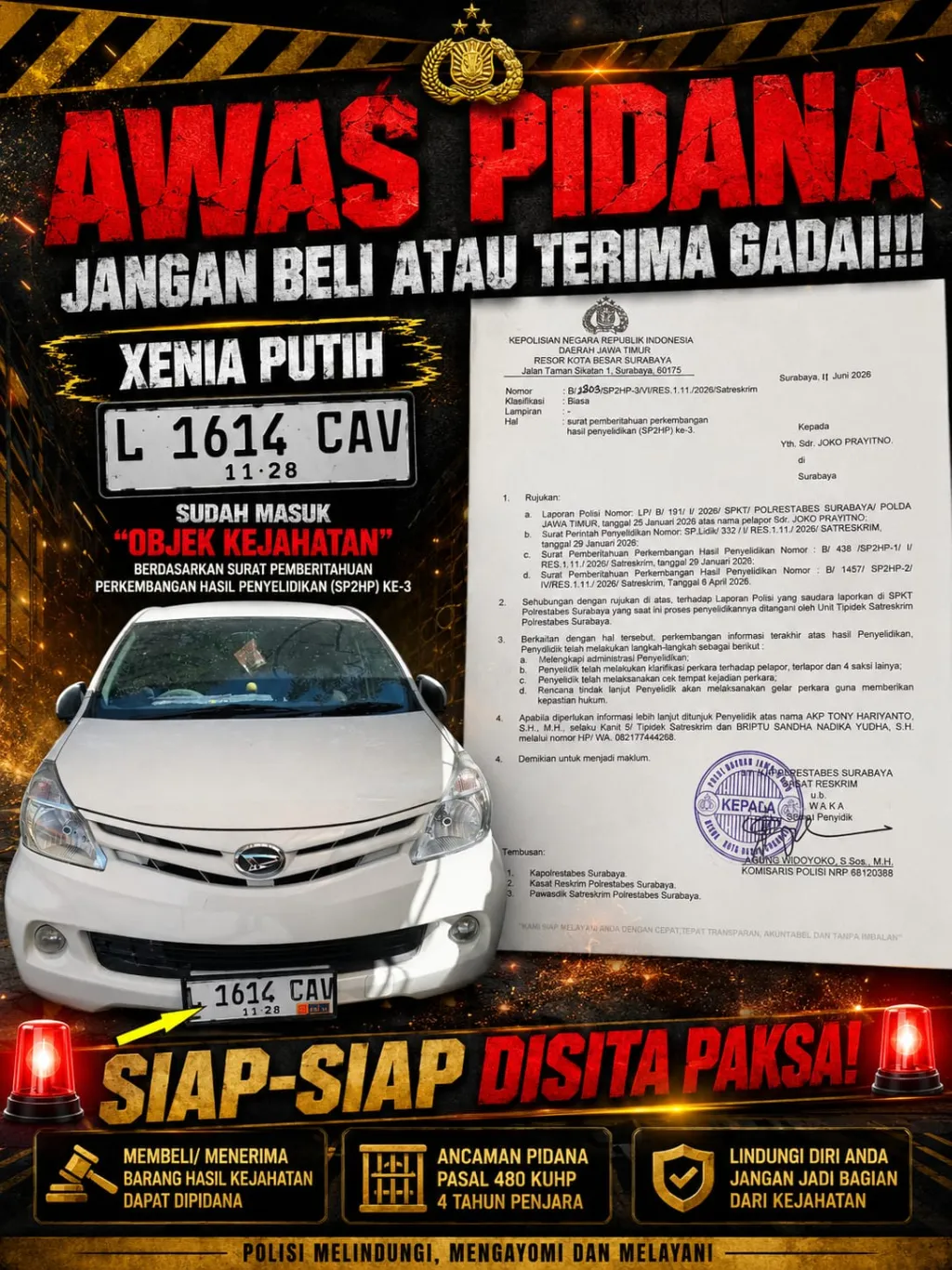 AWAS PIDANA JANGAN BELI ATAU TERIMA GADAI!!! Xenia Putih Nopol L 1614 CAV Sudah Masuk "Objek Kejahatan"