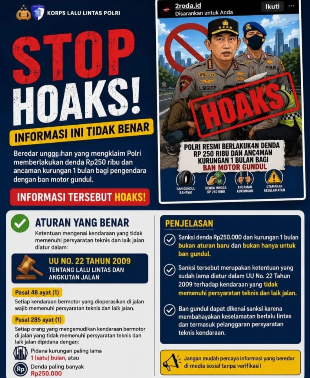 Korlantas Polri: Masyarakat Diimbau Tidak Mudah Percaya Hoaks Terkait Polisi Akan Denda Rp250 Ribu untuk Ban Gundul ‎