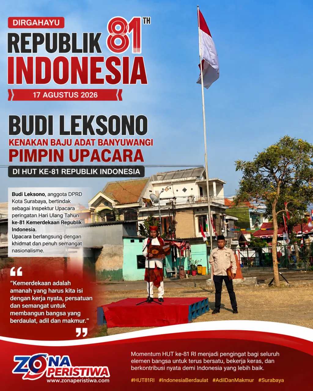 Budi Leksono Kenakan Baju Adat Banyuwang Pimpin Upacara di HUT ke-81