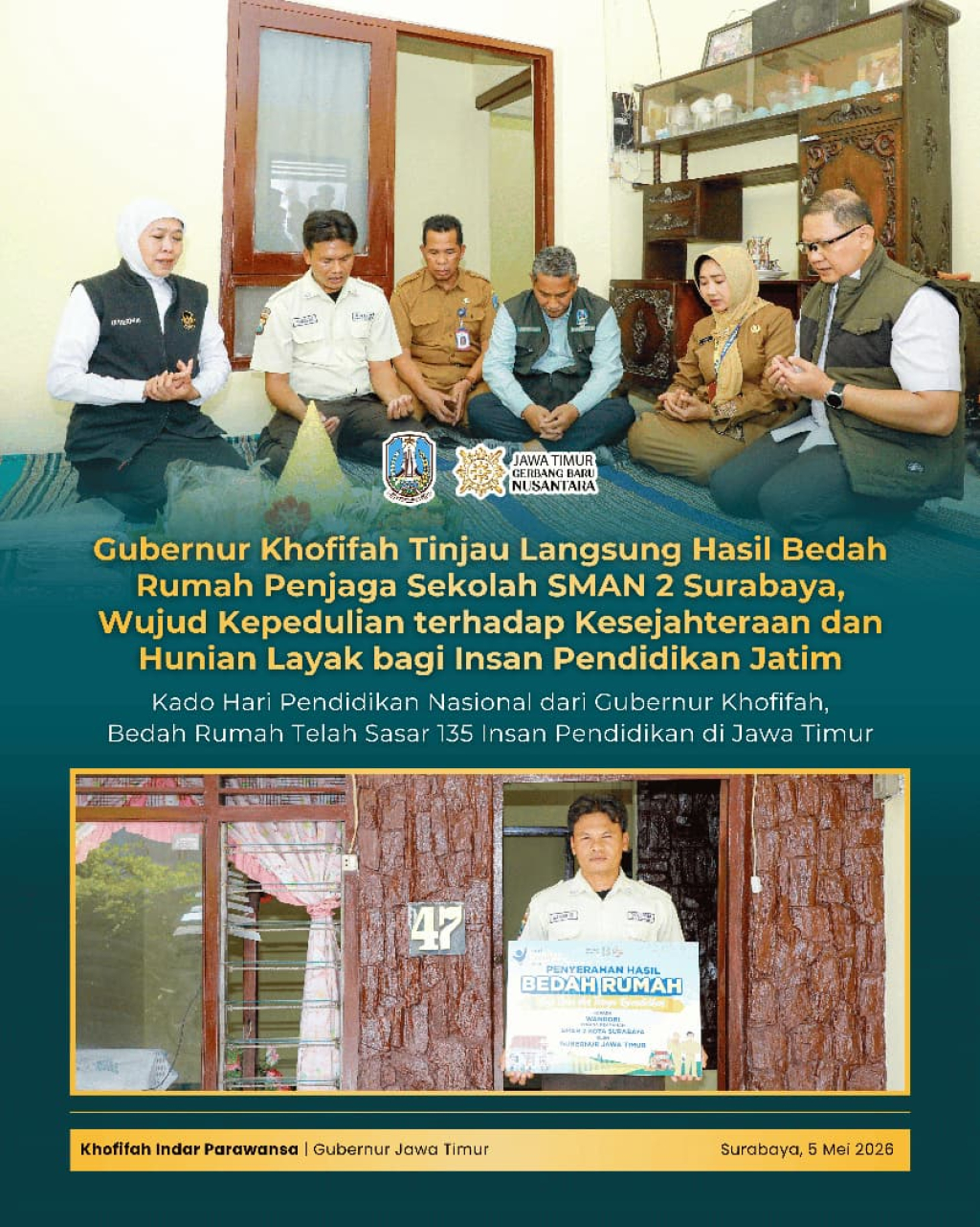 Kado Hari Pendidikan Nasional dari Gubernur Khofifah, Bedah Rumah Telah Sasar 135 Insan Pendidikan di Jawa Timur