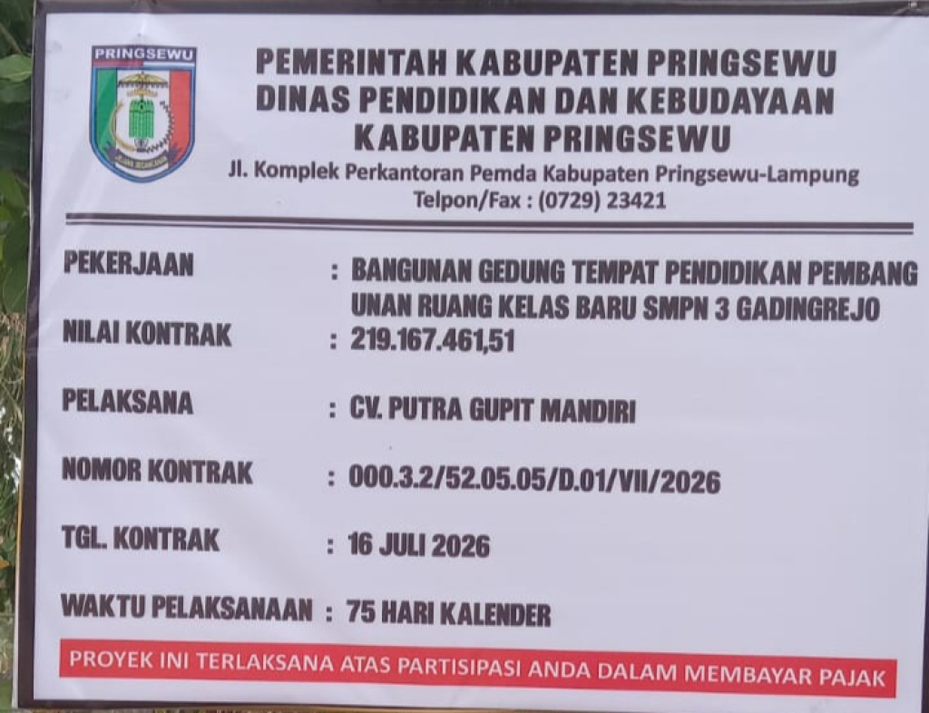 Pembangunan RKB SMPN 3 Gadingrejo Diduga Tidak Sesuai Dengan Nilai Yang Dibangunkan