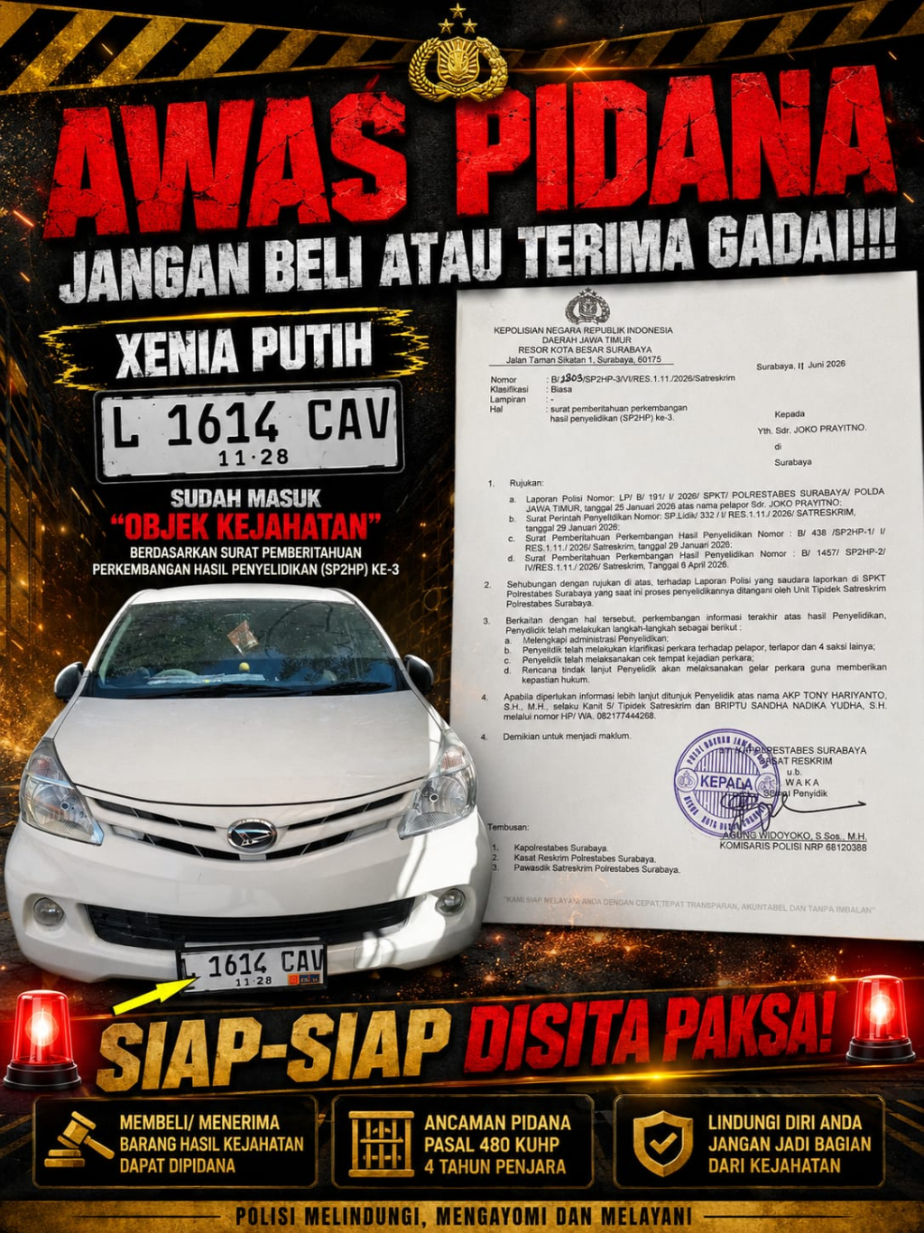AWAS PIDANA JANGAN BELI ATAU TERIMA GADAI!!! Xenia Putih Nopol L 1614 CAV Sudah Masuk "Objek Kejahatan"